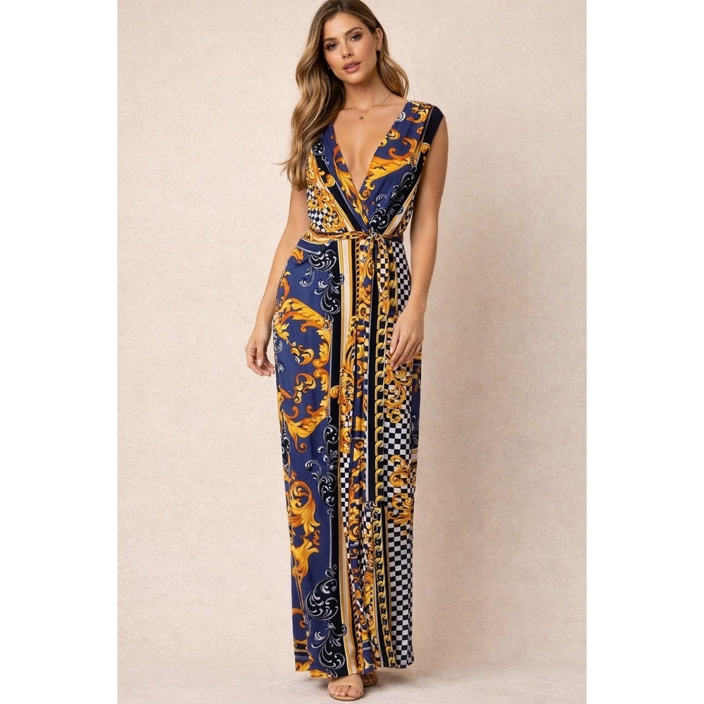 Starlette Baroque Scarf Print Maxi Dress Blue Gold Checkered V-Neck Sleeveless L